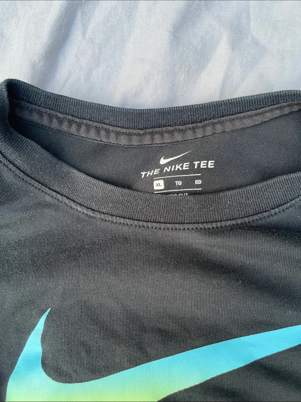 Nike Black Tee with Blue-Green Gradient Swoosh